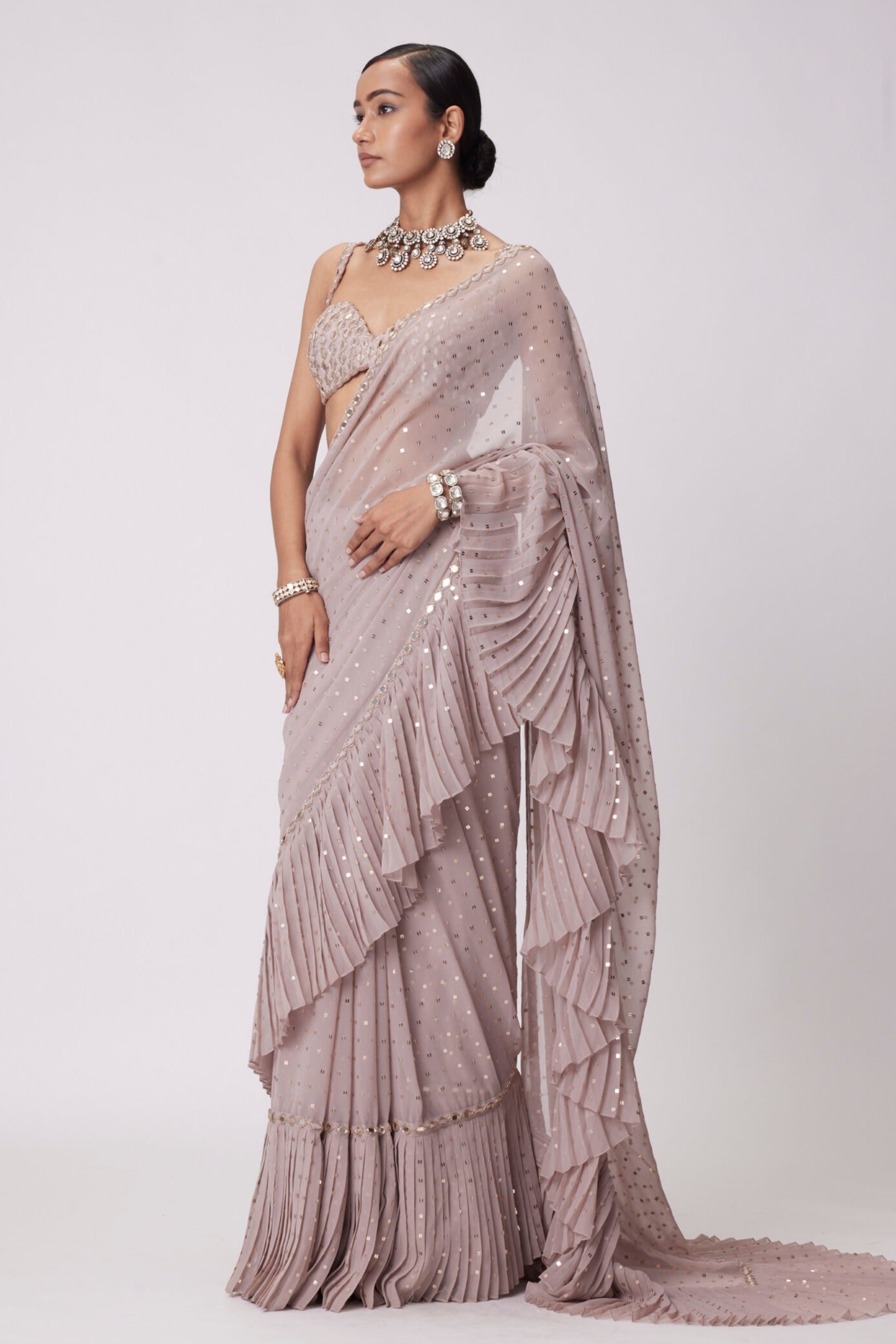 Ash Pink Frill Saree Set