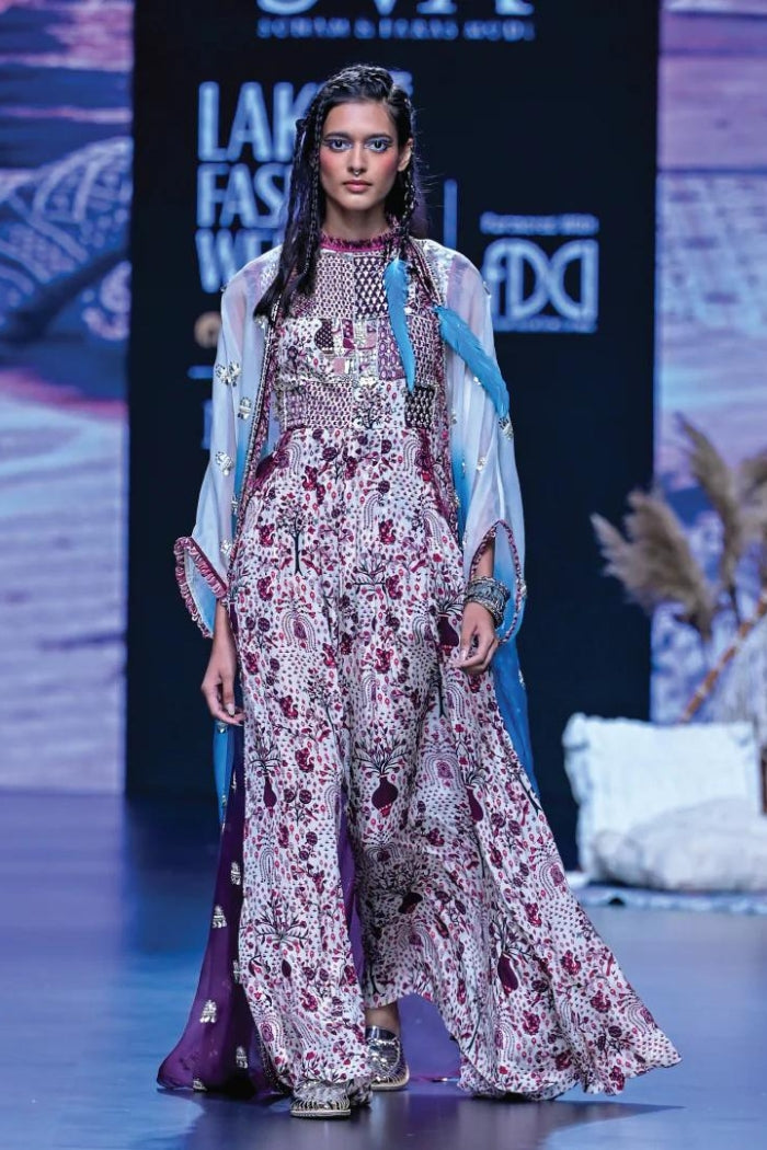 SAFAR MERLOT JAAL PATCHWORK JUMPSUIT WITH OMBRE CAPE