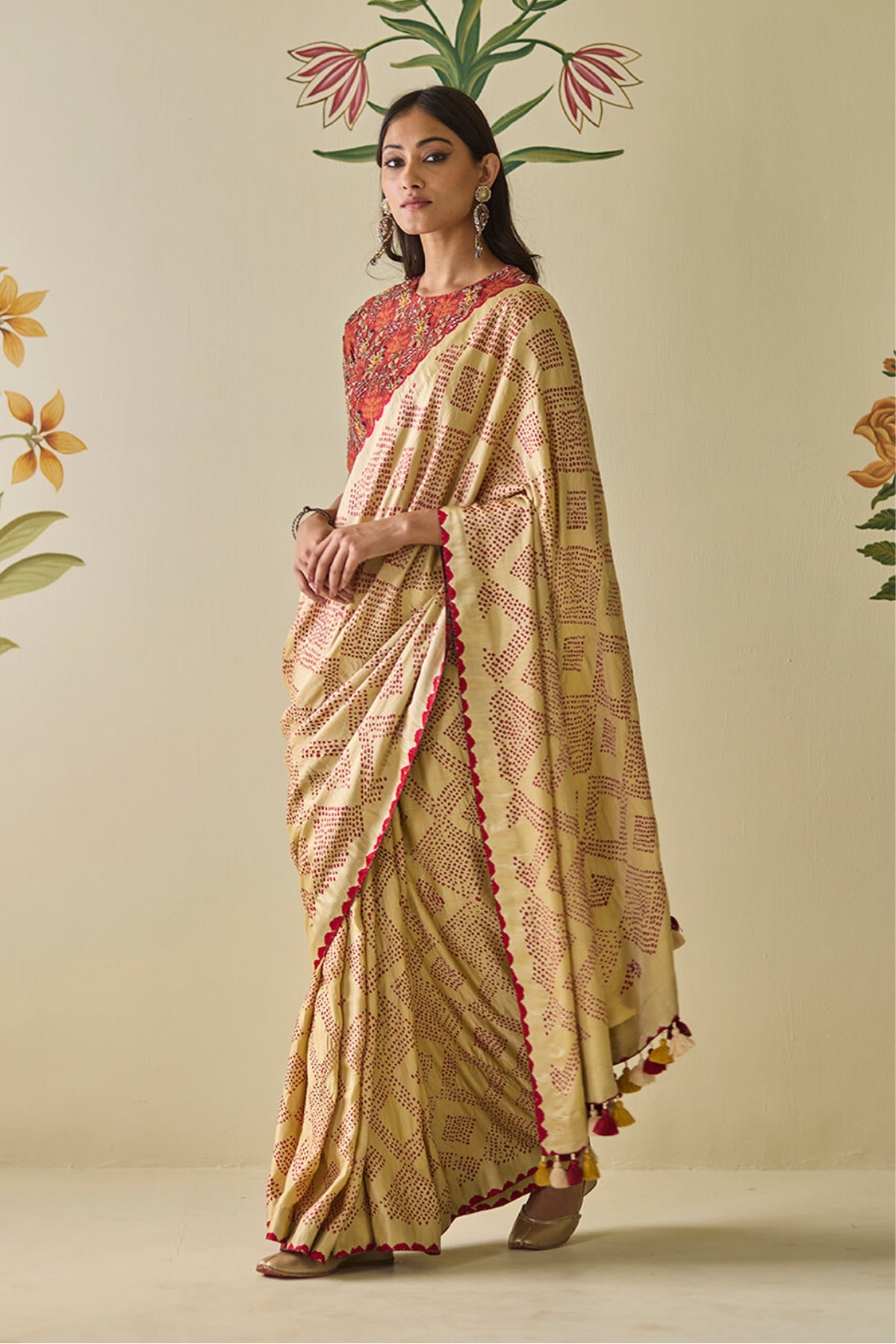 Cream & Red Bandhani Saree
