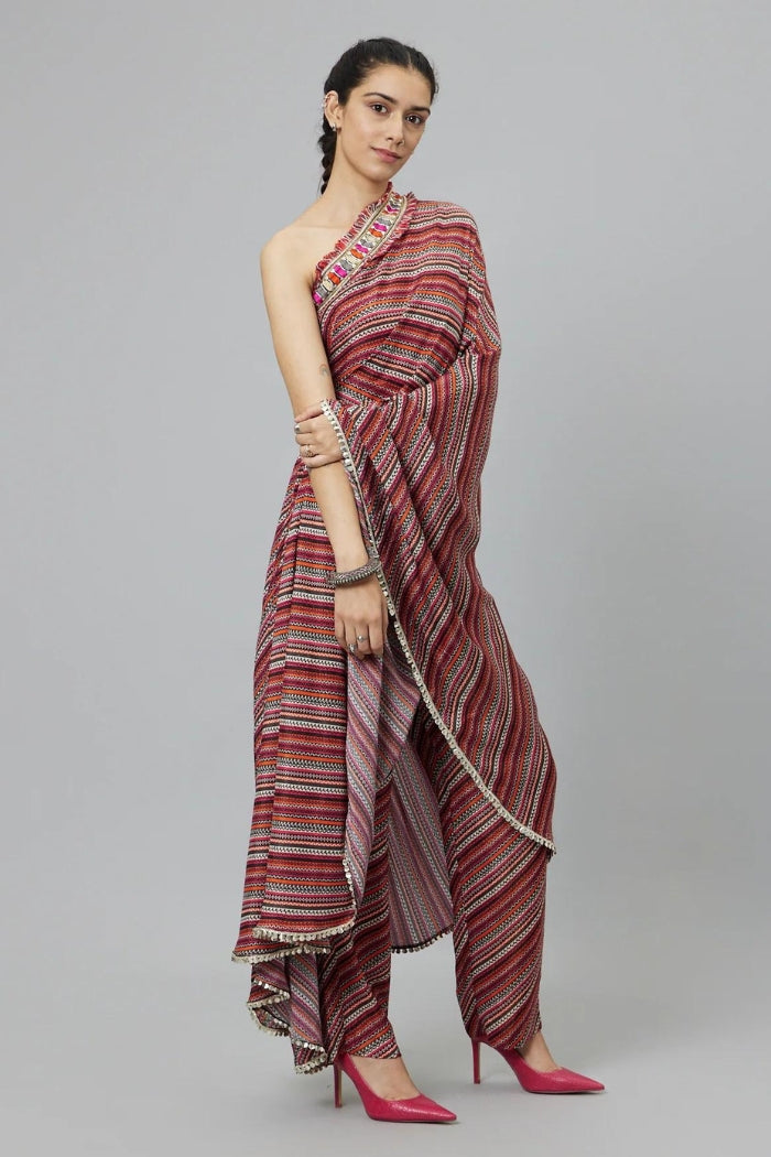 BOHEMIAN STRIPE PRINT ONE SHOULDER SAREE WITH PANTS