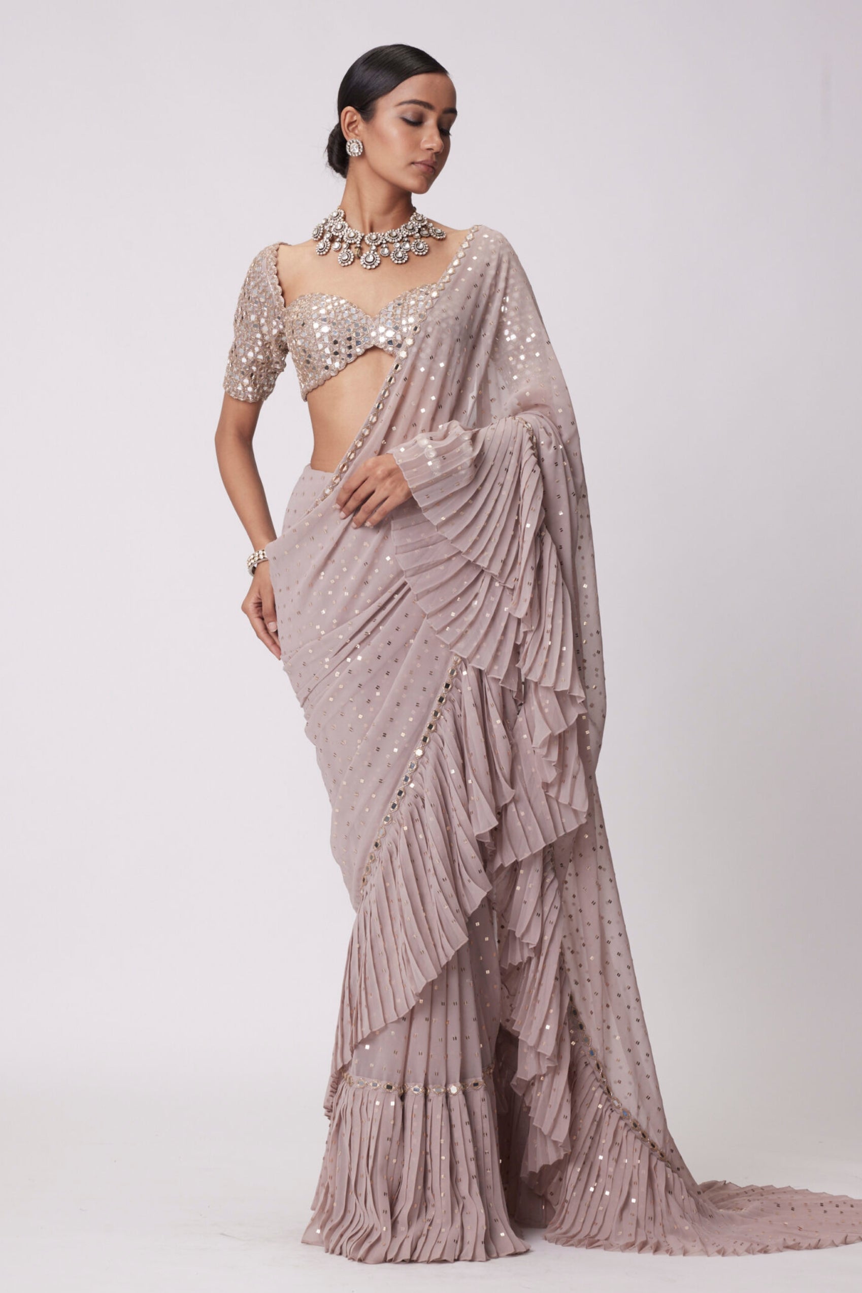 Ash Pink Georgette Frill Saree Set