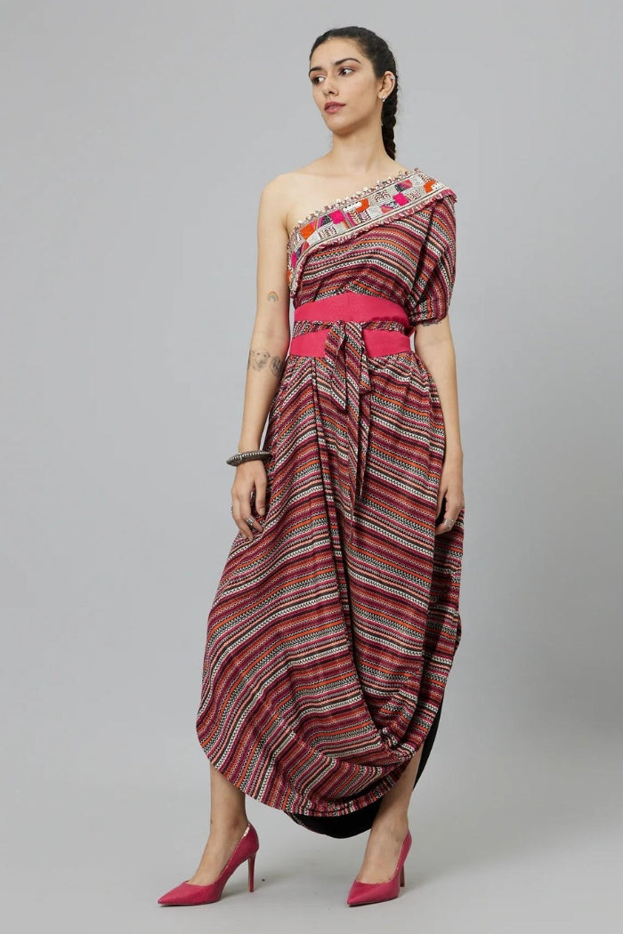 BOHEMIAN STRIPE ONE SHOULDER COWL DRESS TEAMED WITH A BELT