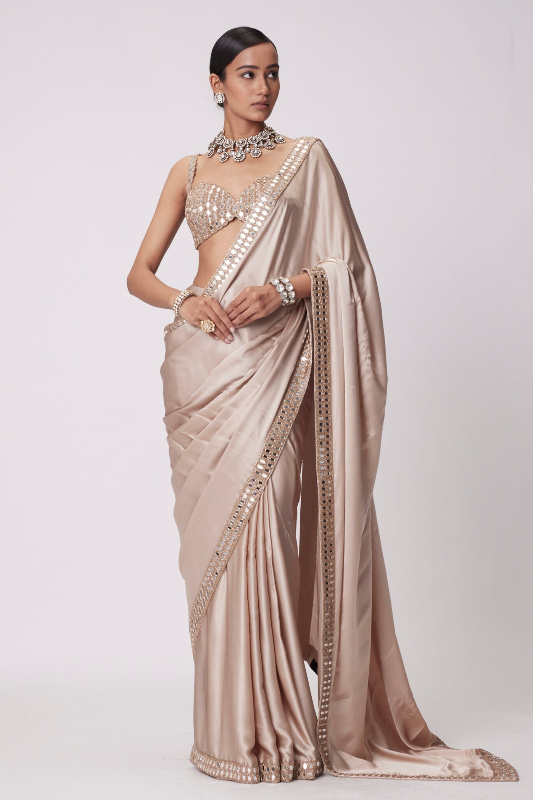 Light Beige satin Saree Set