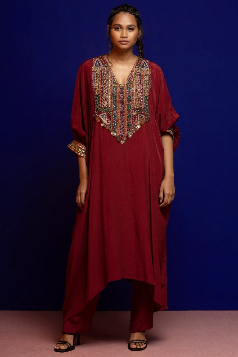 Plum Crepe Kaftan Kurta Set