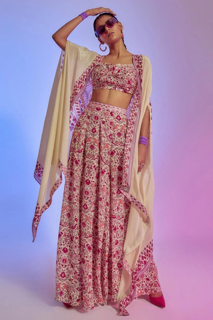 IVORY SAANJH FLORAL PRINTED BOX PLEATED PANTS WITH BIKINI BUSTIER & RAVI PRINT CAPE