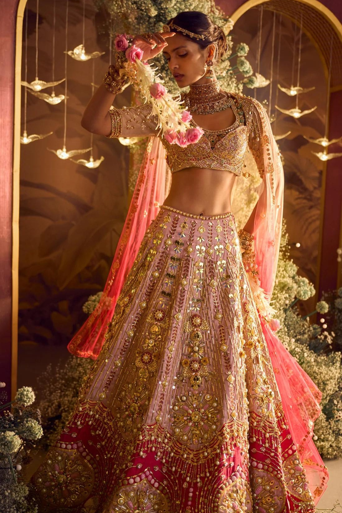 ROSETTA - PEACH AND RED LEHENGA SET