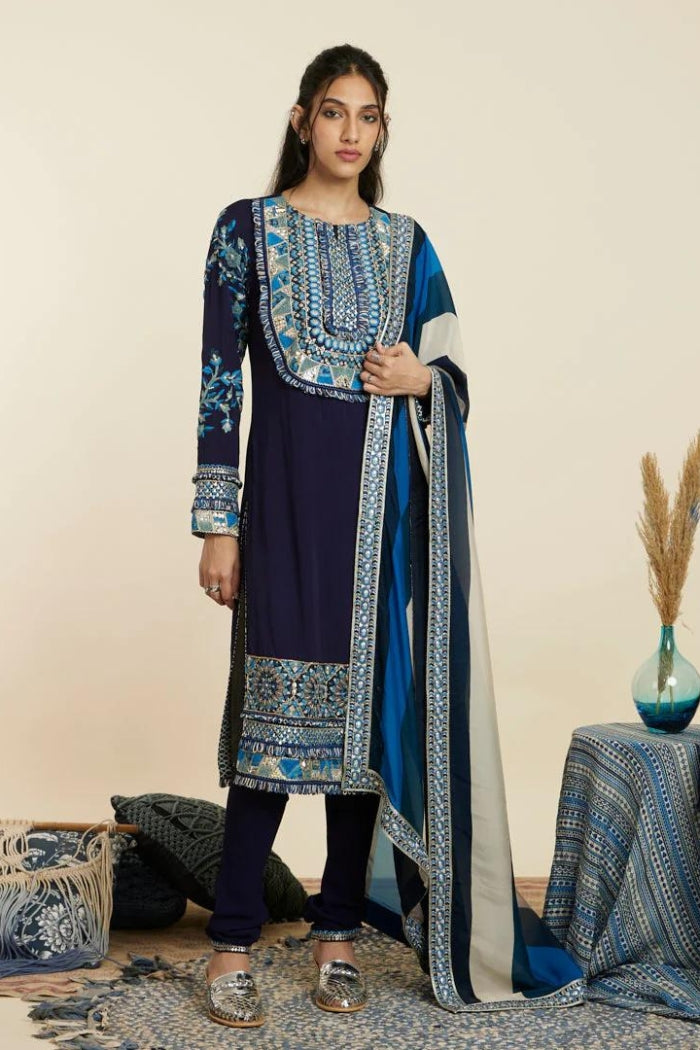BLUE EMBELLISHED YOKE KURTA SET