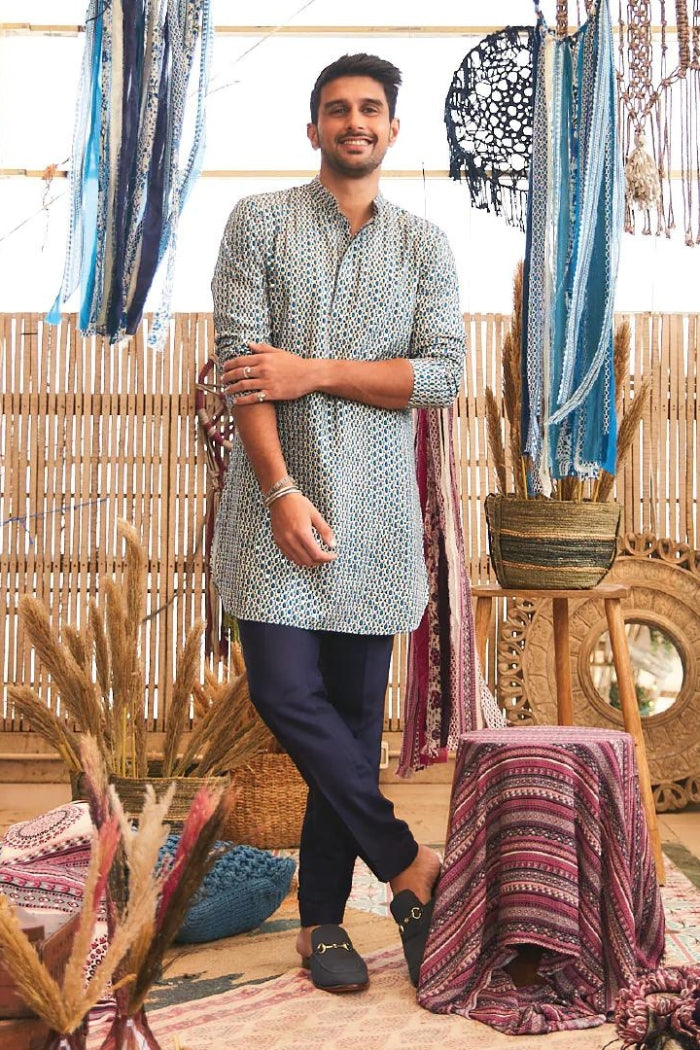 BLUE GEOMETRIC KURTA SET