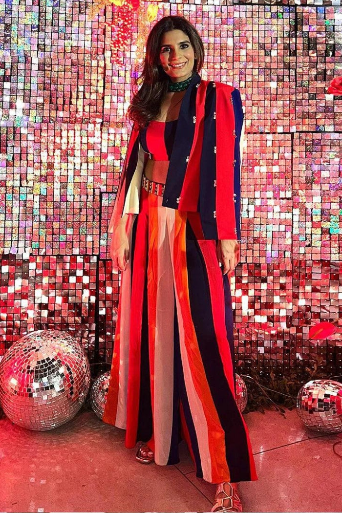 RASA STRIPES PRINT HIGHLIGHTED NOOR JACKET WITH BUSTIER AND PLEATED PANTS