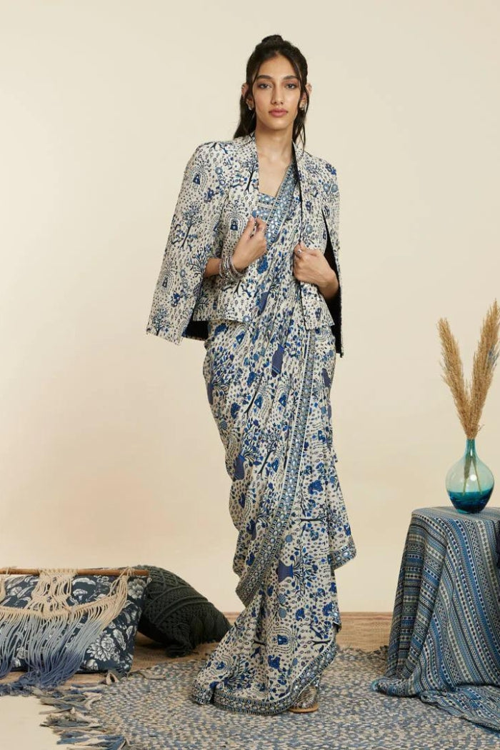 SAFAR BLUE JAAL CASCADE SAREE SET WITH A NOOR JACKET