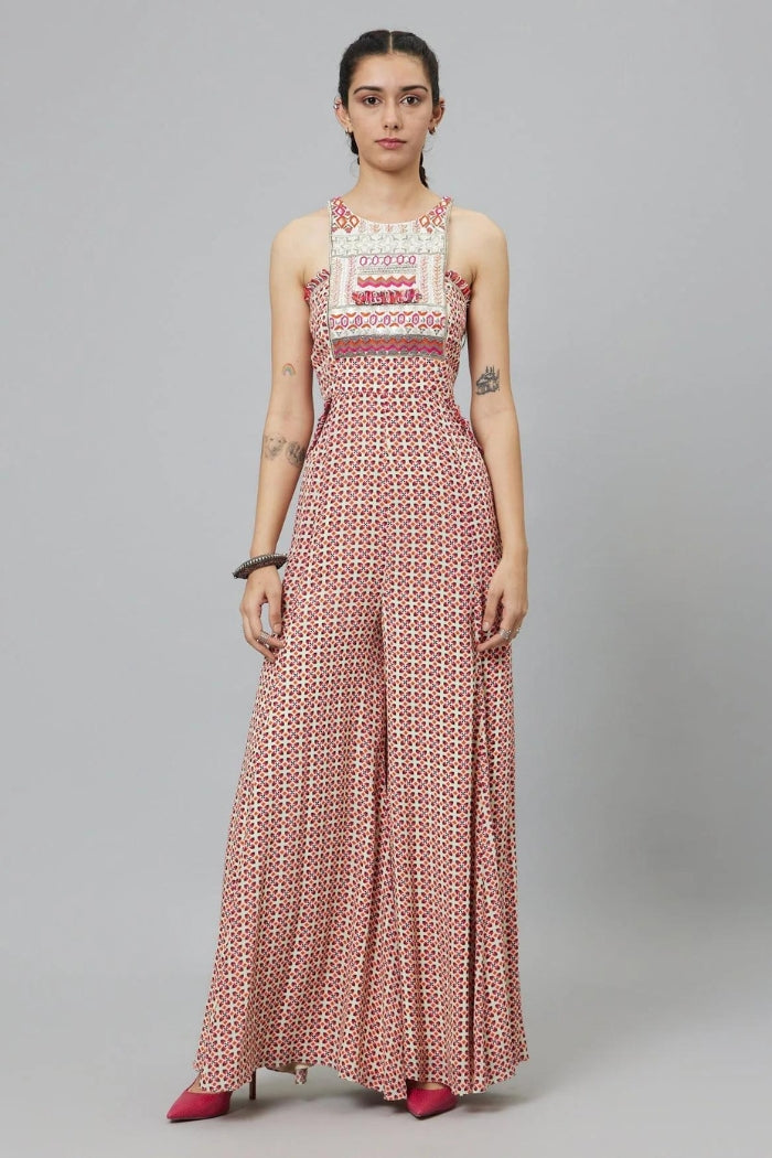 IVORY GEOMETRIC PRINT PRINT YOKE STYLE JUMPSUIT