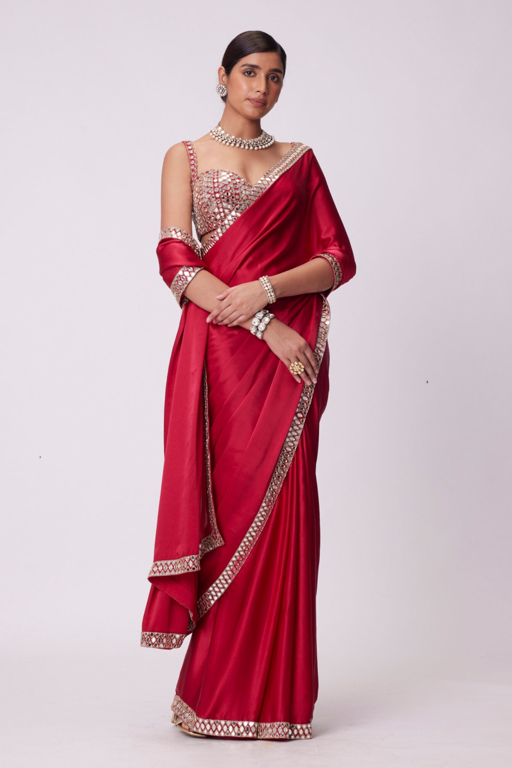 Crimson Red Satin Saree Set