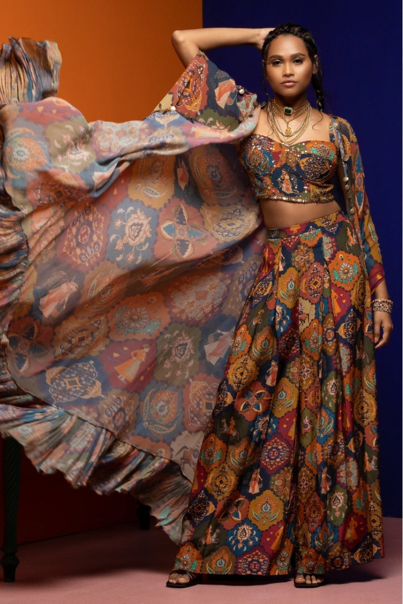 Multicolor All Over Print Crop Cape Pant Set