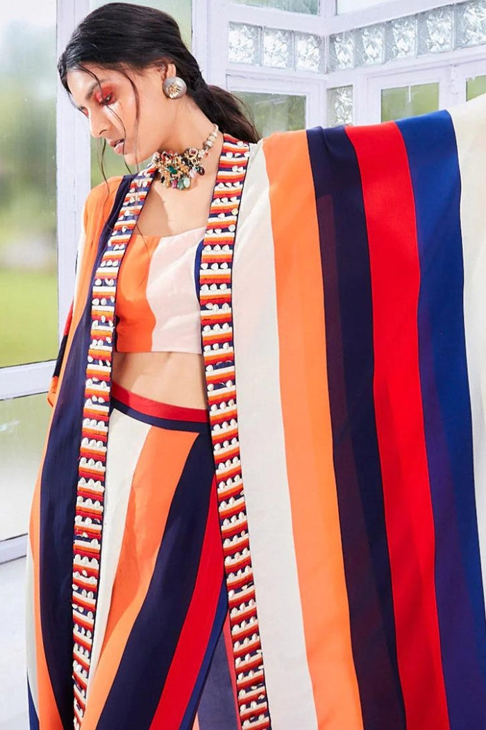 RASA STRIPES PRINTED PALAZO PANTS , BUSTIER & CAPE WITH BORDER