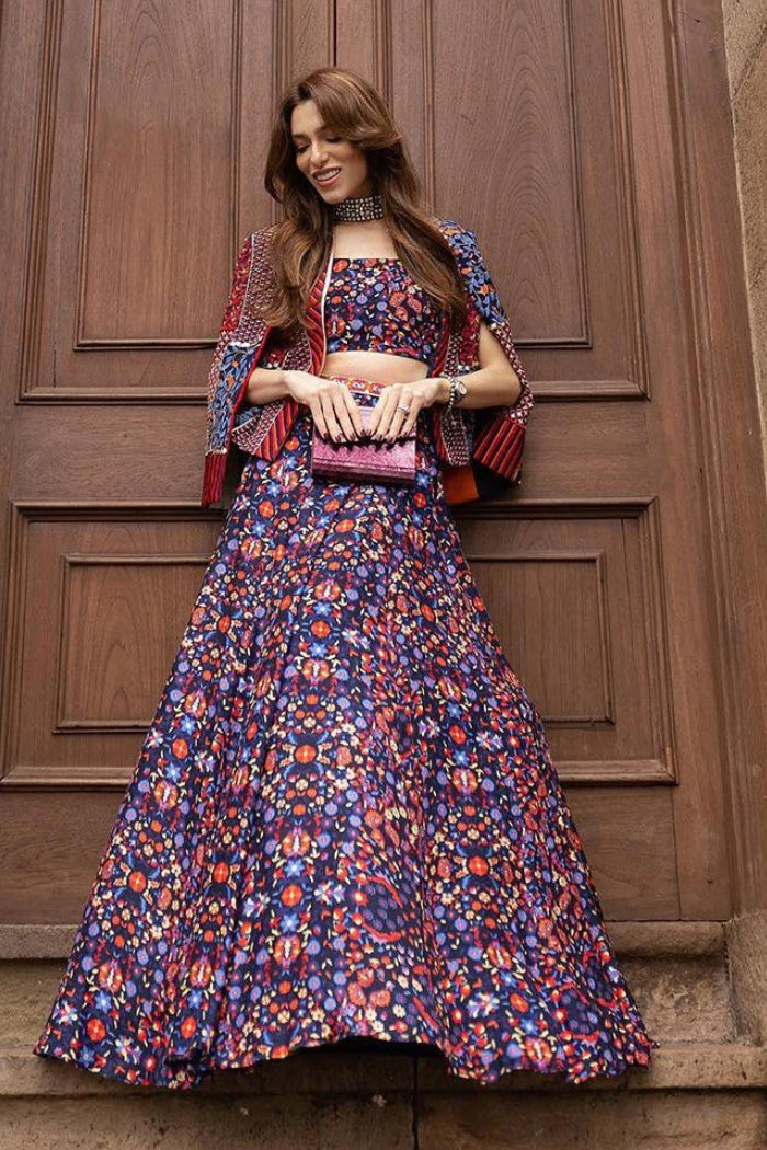 RASA BLUE JAAL PRINT LEHENGA WITH BUSTIER AND PATCHWORK NOOR JACKET