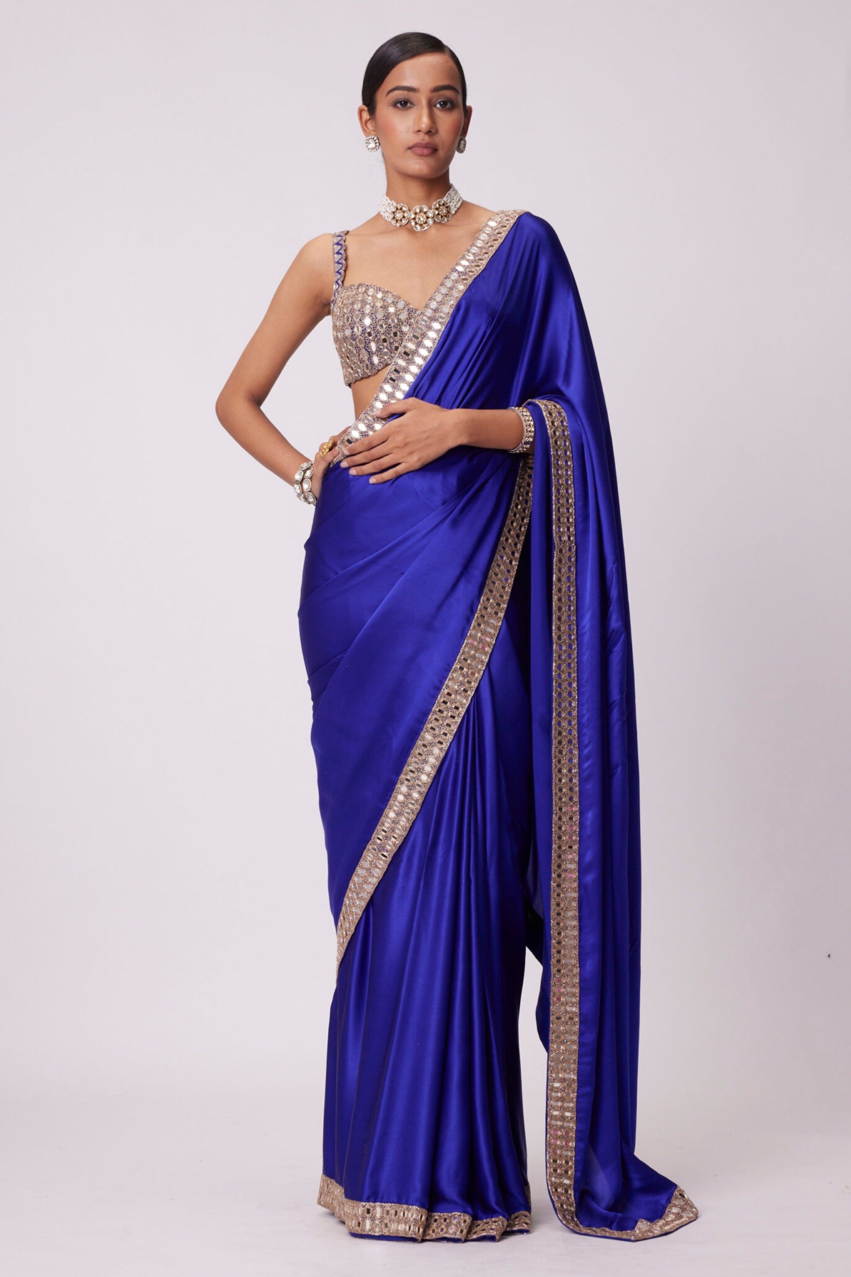 Persian Blue Hand Embroidered Satin Saree Set
