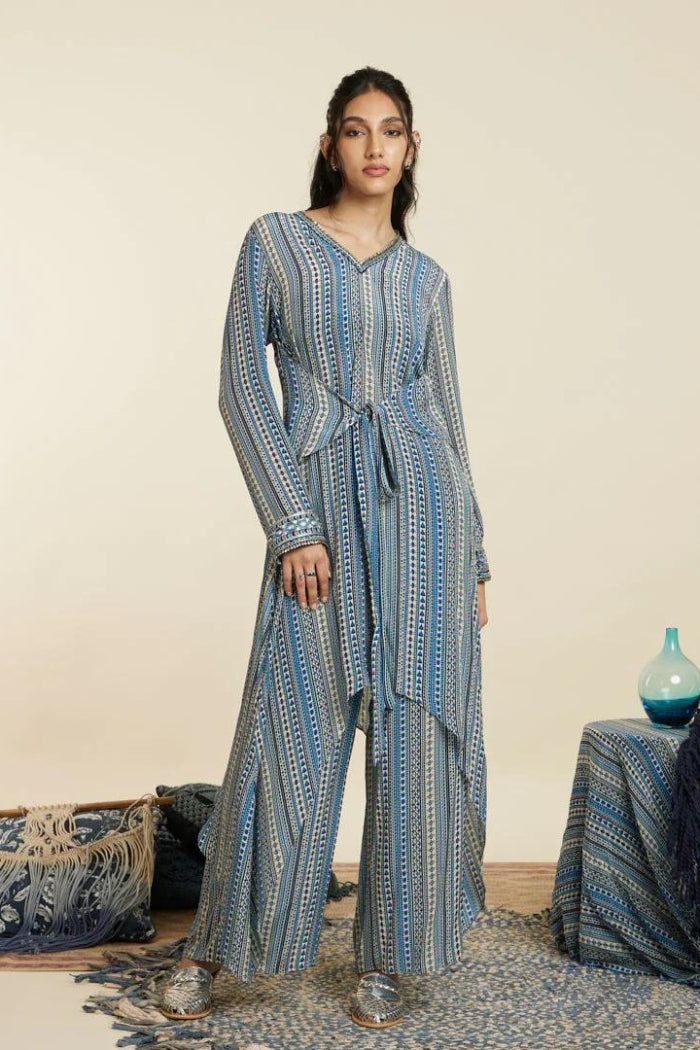BLUE BOHO STRIPE FRONT TIE UP TUNIC SET