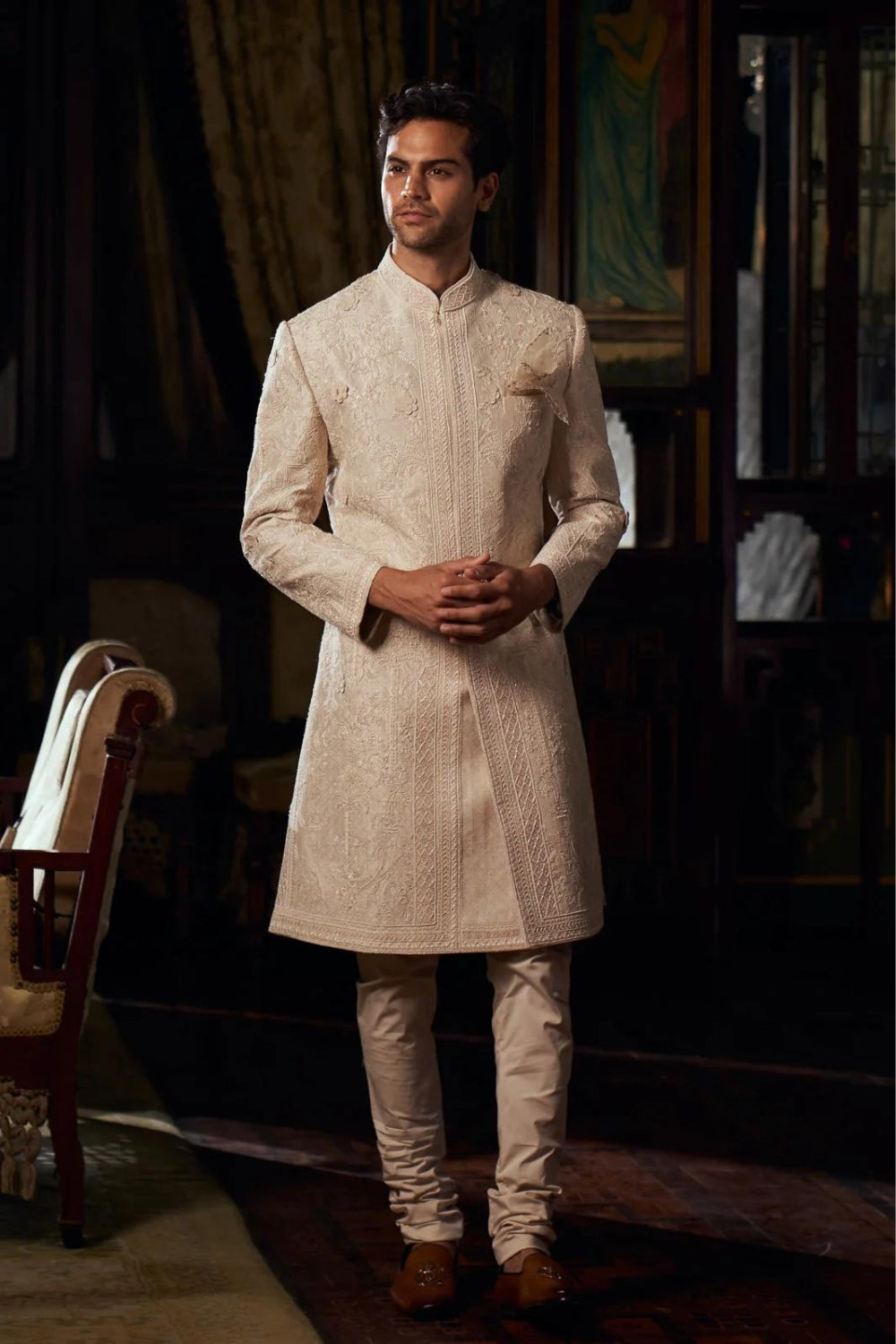 IVORY RAW SILK SHERWANI SET