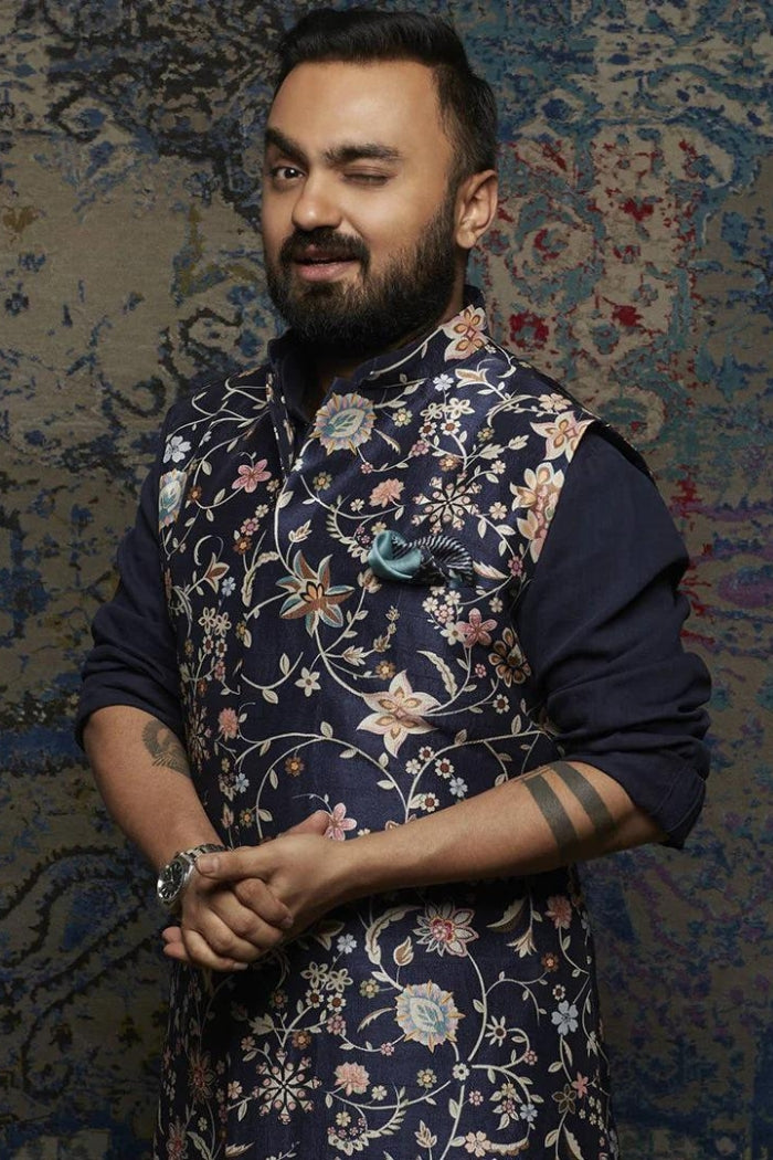 DARK BLUE DEMIN KURTA SET PAIRED WITH FLORAL PRINT BUNDI