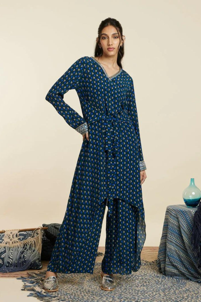 EMERALD GEOMETRIC FRONT TIE UP TUNIC SET