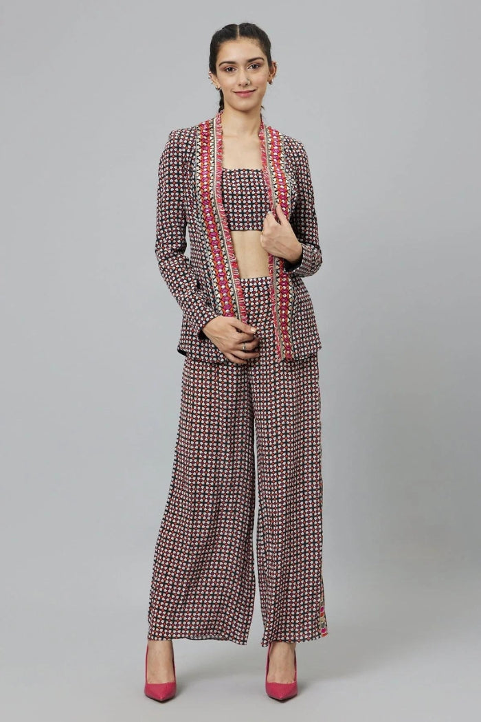 BLACK GEOMETRIC PRINT CREPE BLAZER JACKET TEAMED WITH LINEN BUSTIER AND PANTS
