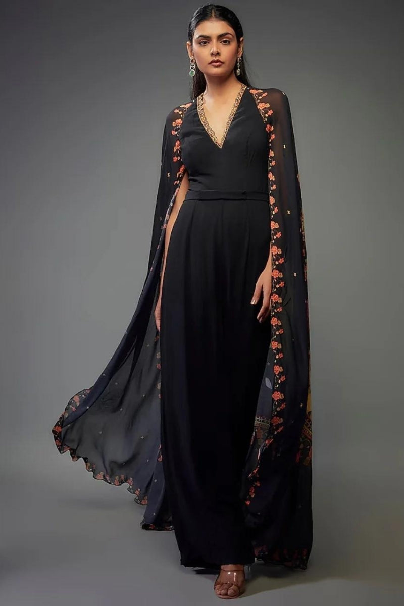 Black Printed Cape Jumpsuit Set