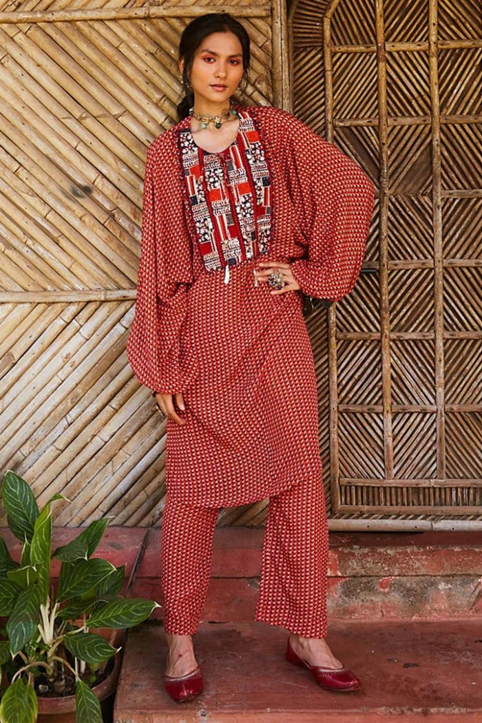 ORANGE LEAF PRINT DOLMEN SLEEVES TUNIC WITH PANTS