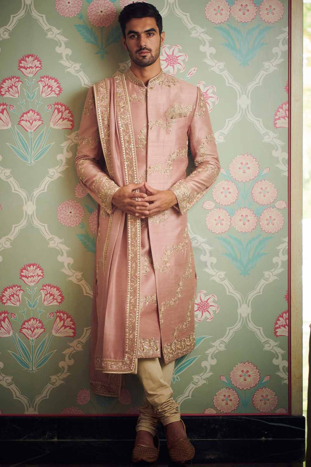PINK RAWSILK LEHARIA ZARDOSI SHERWANI SET
