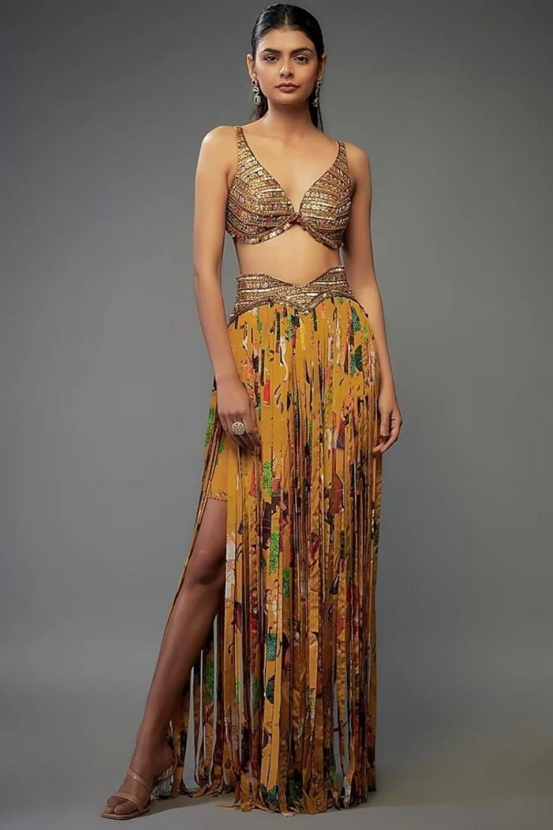 Mango Crepe Printed Fringe Skirt Set