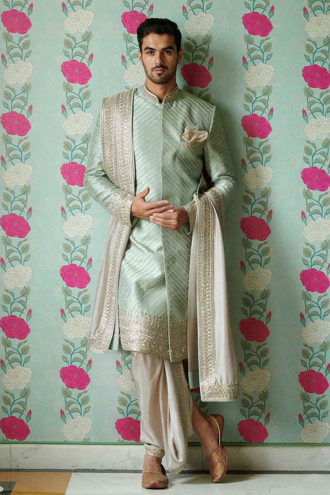 BLUE TISSUE RAWSILK DIAGONAL THREAD AND ZARDOSI EMBROIDERED SHERWANI SET