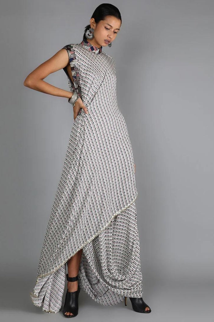 JAALI PRINT WHITE DRAPE TOP WITH DRAPE SKIRT WITH EMBROIDERY DETAILING