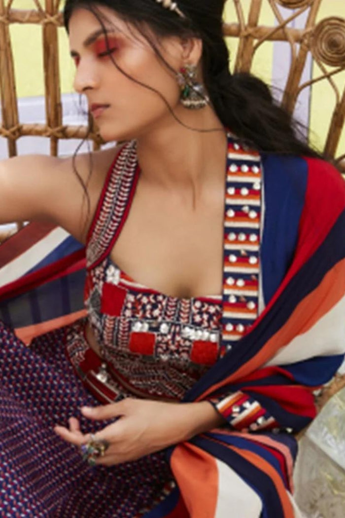 RASA BLUE LEAF PRINTED LEHENGA WITH PATCHWORK EMBROIDERY AND STRIPES DUPATTA