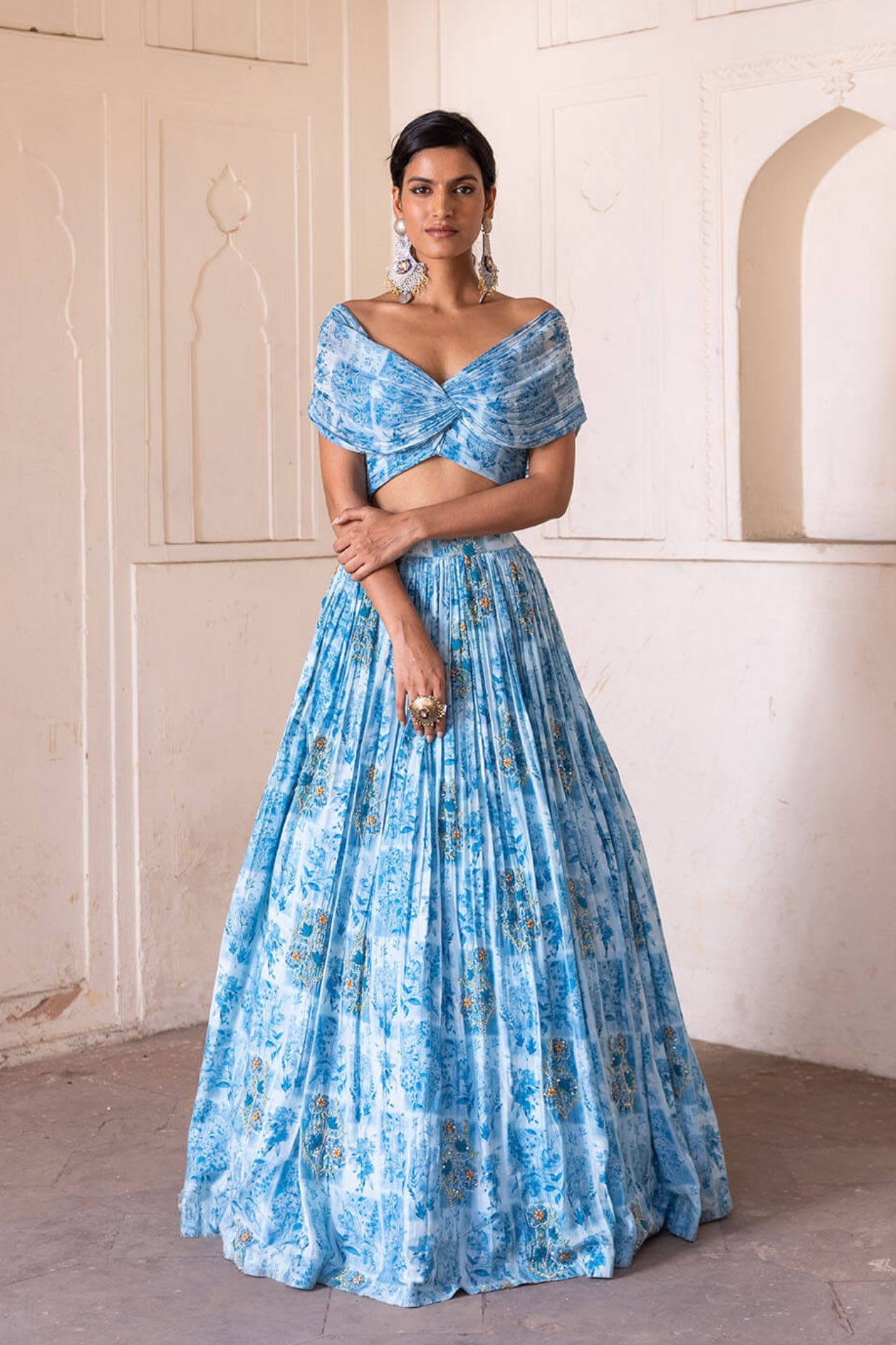 Designer Lehenga Choli Off Shoulder Indian Gowns Blue Off Shoulder