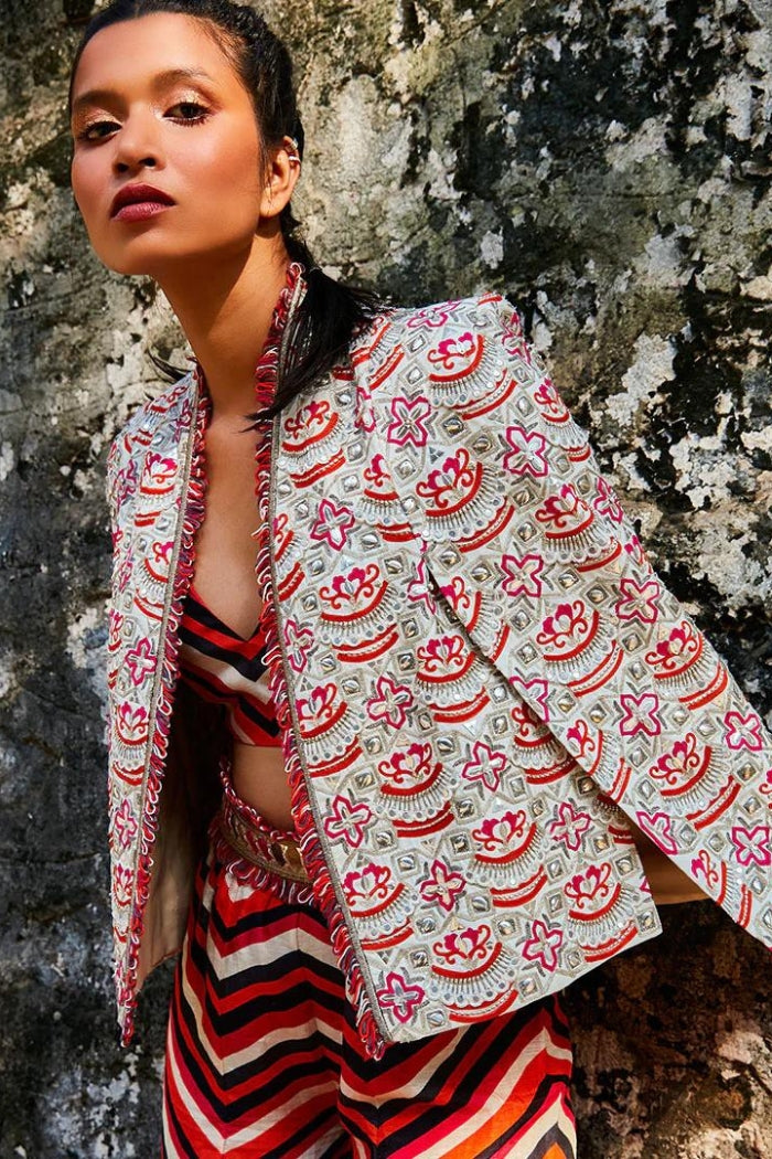 COLOR BLOCK GRAPHIC PRINT COORD SET TEAMED WITH IVORY EMBELLISHED NOOR JACKET