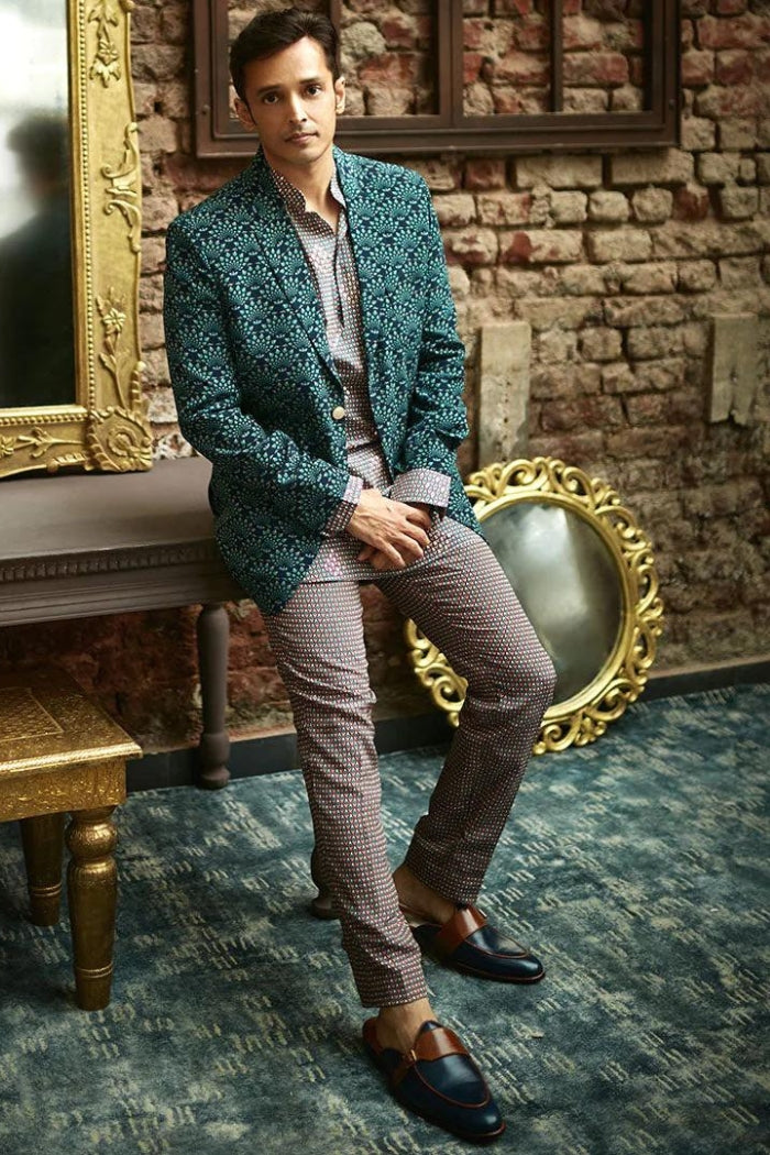blue dress pink jacket BLUE FEATHER PRINTED BLAZER JACKET WITH PINK BUTTI HIGHLIGHTED SHORT KURTA WITH PANTS 42 / Regular
