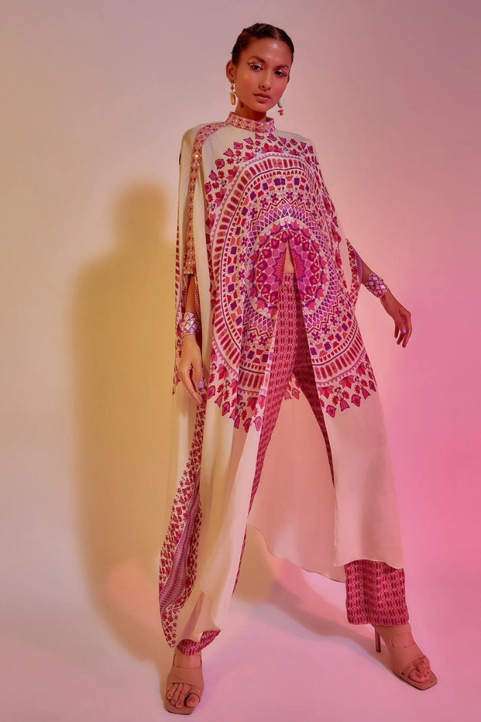 IVORY RAVI PRINT KAFTAN AND RED LATTICE PRINT PANTS
