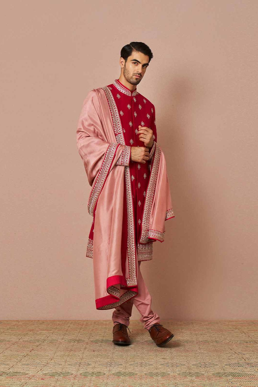 RED RAWSILK ZARDOZI BUTTI EMBROIDERED SHERWANI SET