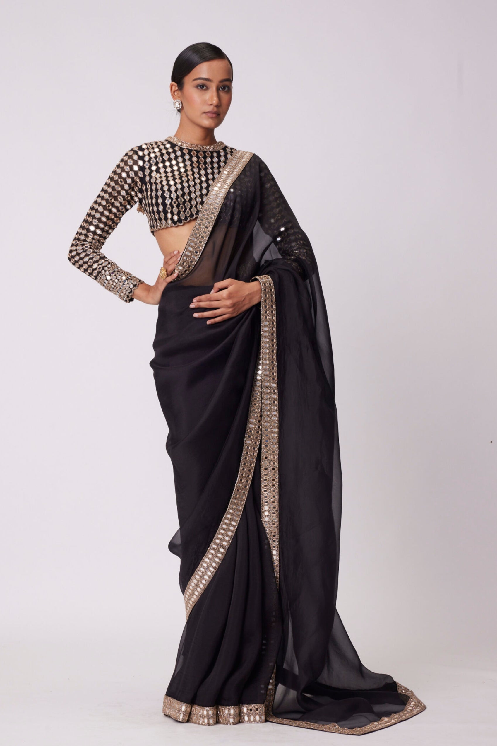 Black Hand Embroidered Organza Saree Set
