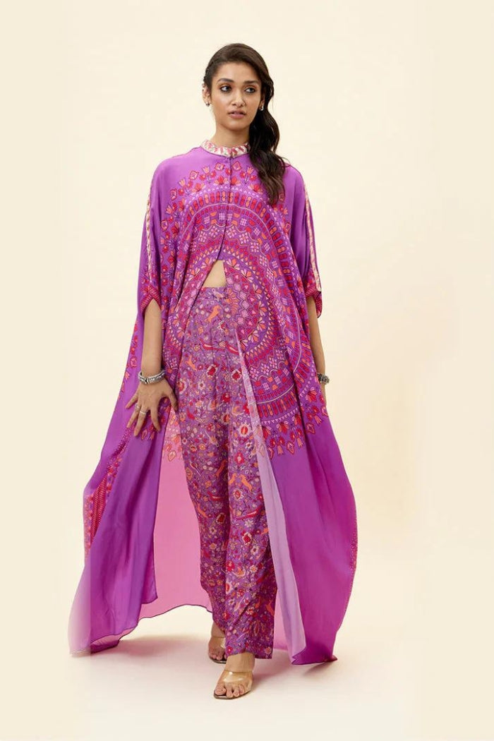 PURPLE RAVI BUTTA PRINT KAFTAN WITHPURPLE SAANJH PRINT PANTS