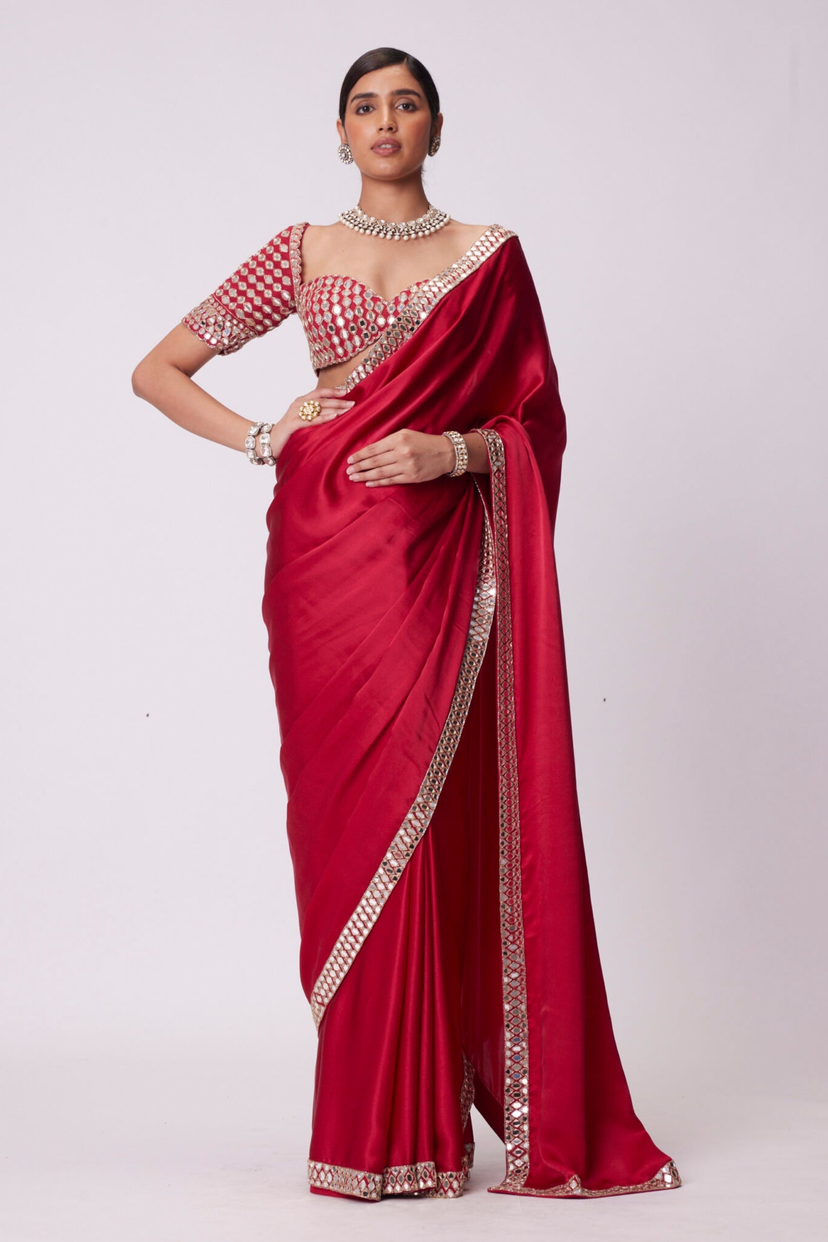 Crimson Red Satin Mirror Embroidery Saree Set