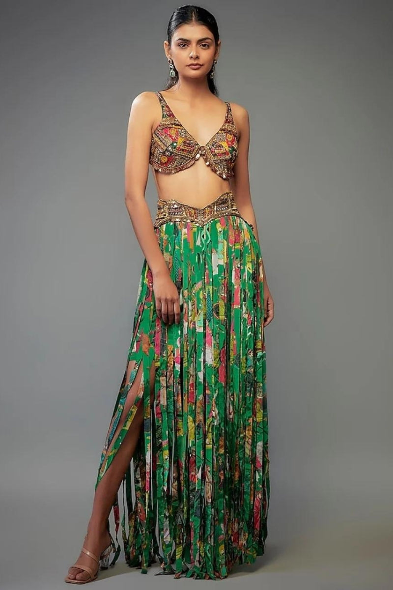 Green Crepe Printed Fringe Skirt Set