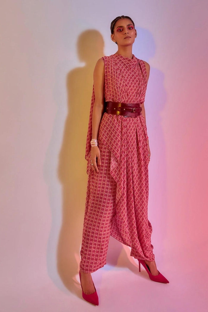 LATTICE PRINT CROP TOP WITH ATTACHED DRAPE TEAMED WITH PANTS