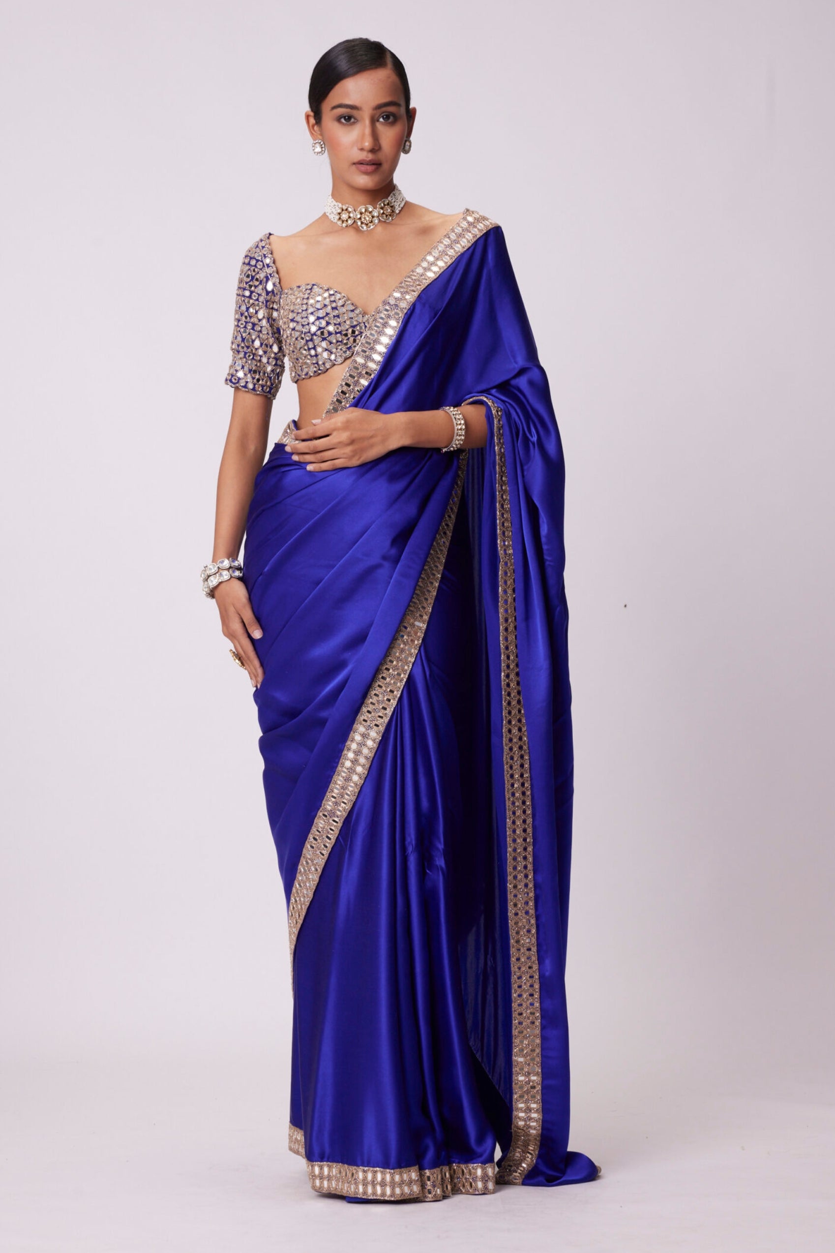 Persian Blue Mirror Embroidered Satin Saree Set