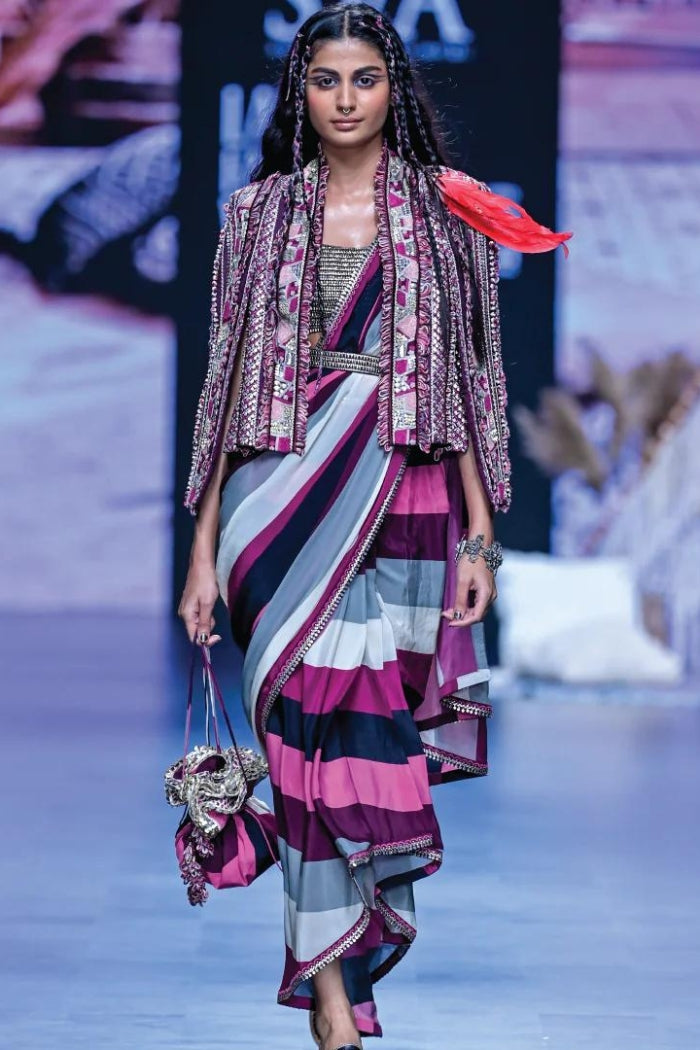 MERLOT STRIPE CASCADE SAREE WITH ABSTRACT NOOR JACKET