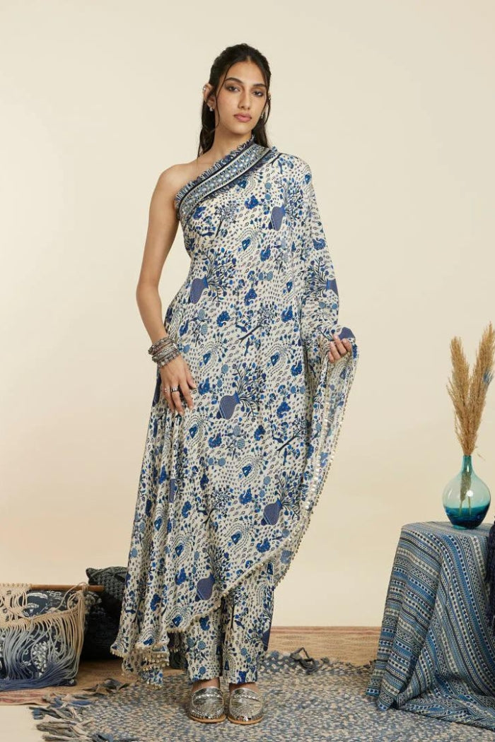 SAFAR BLUE JAAL PRINT ONE SHOULDER SAREE WITH PANTS