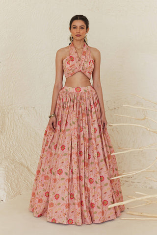 Ruba Peach Colour Embroidered Bustier Printed Dupion Set - Ready To Ship