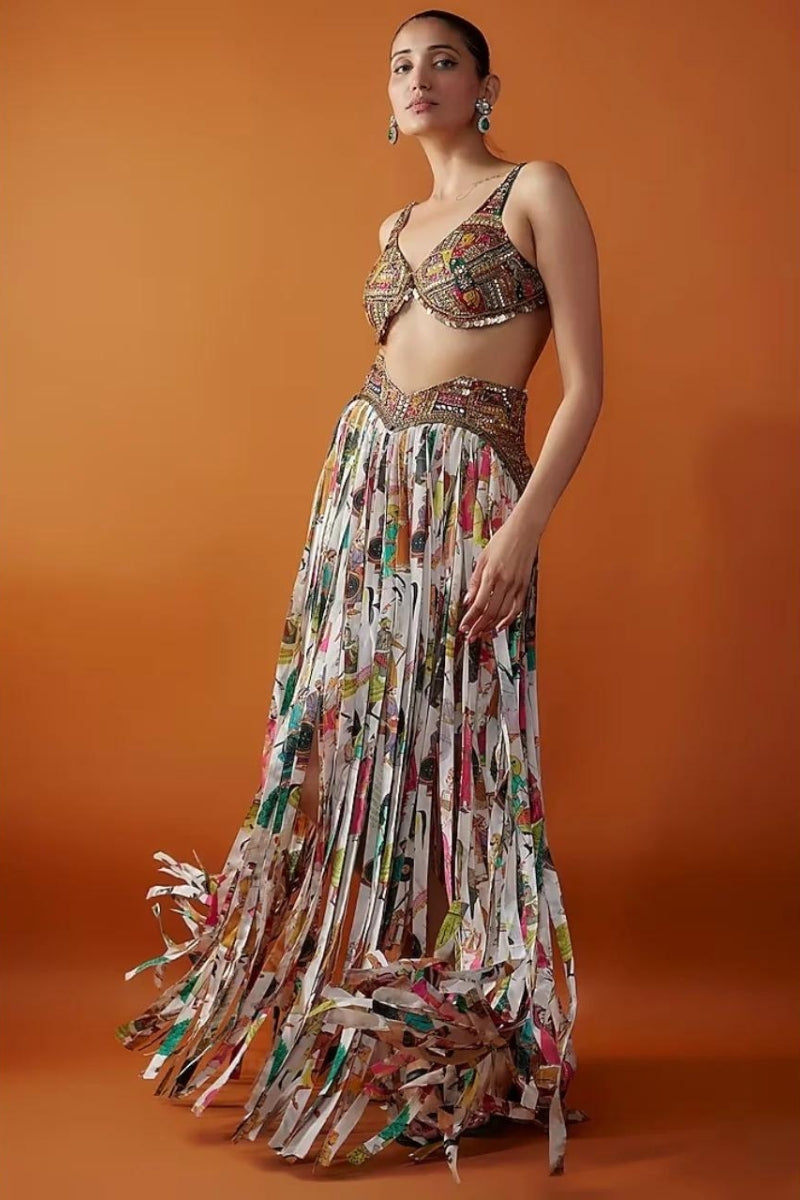 Ivory Crepe Printed Fringe Skirt Set