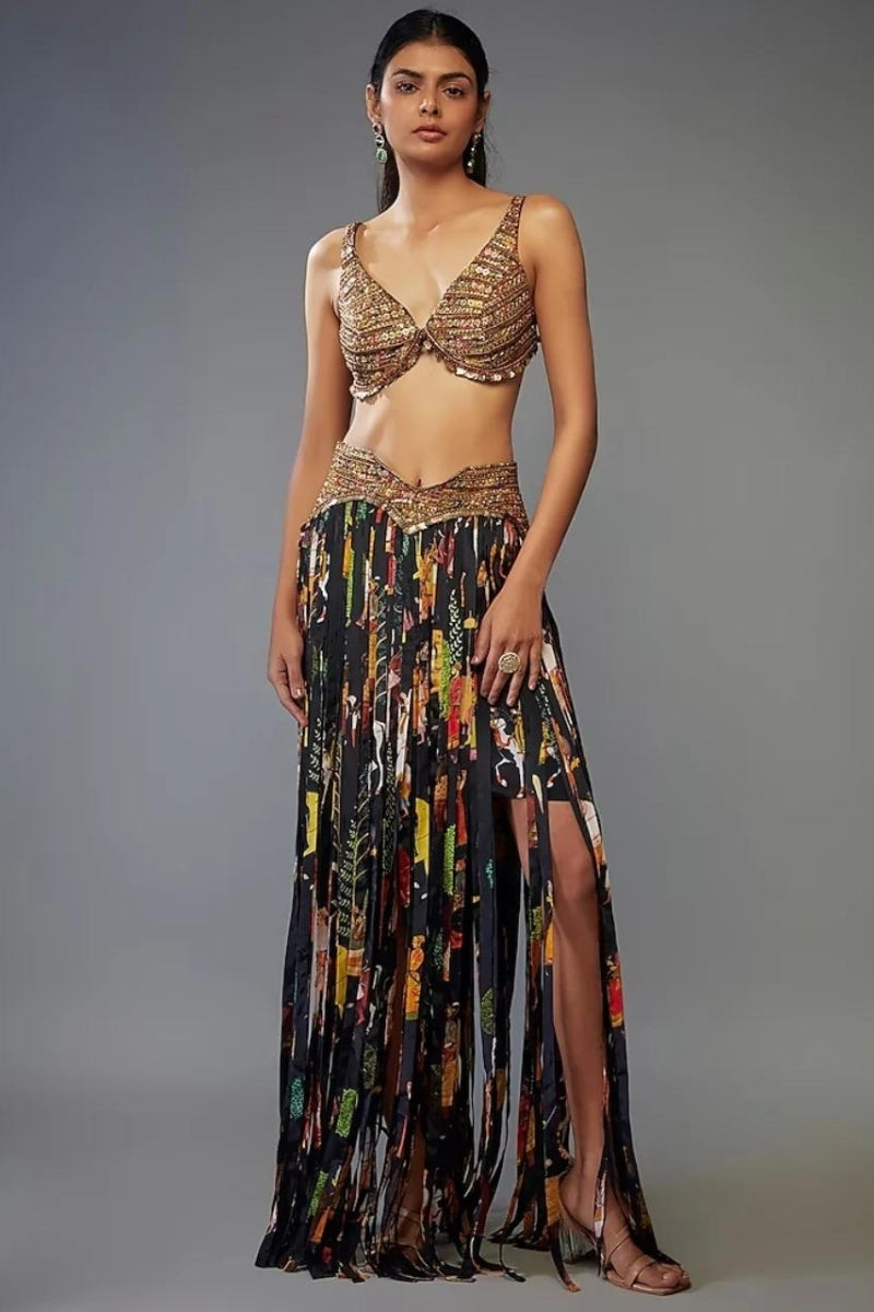 Black Crepe Printed Fringe Skirt Set