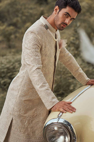 BEIEGE SHERWANI WITH WHITE BUTTI EMB WITH PANTS