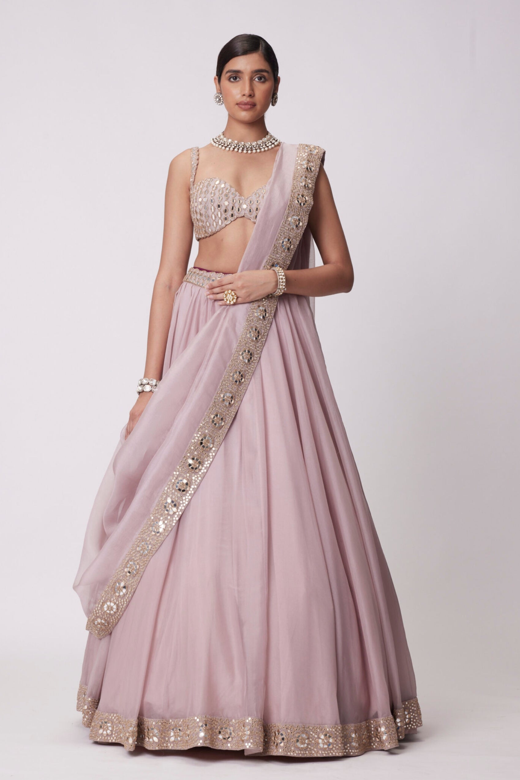 Ash Pink mirror Hand Embroidered Lehenga Set